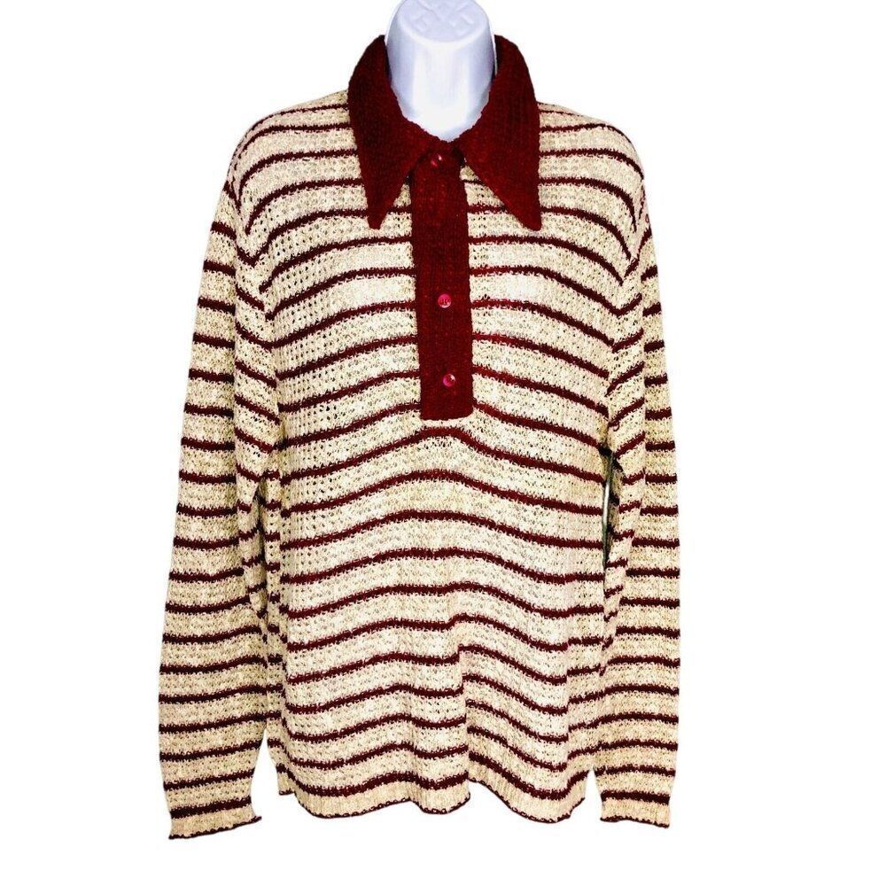 Vintage 70s John Weitz Mens M Sweater Maroon Striped Dagger Collar